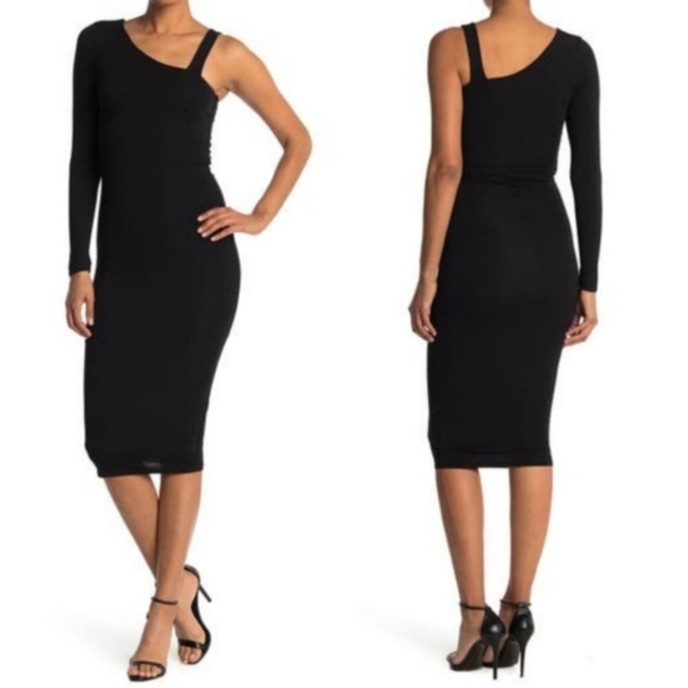 GOOD AMERICAN Black One Shoulder Bodycon Midi Dress